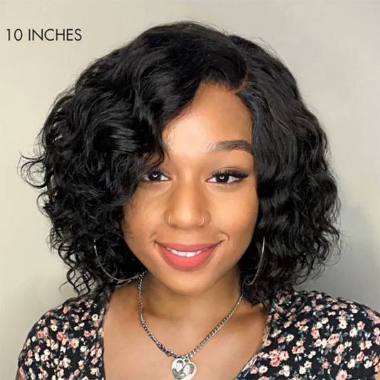 RicanHair 10 Inches #1B T-Part Undetectable Lace Water Wave C Part Short Bob Wig